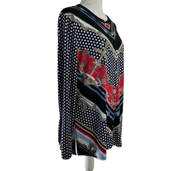 Dana Buchman Button Up Silky Cardigan Polka Dot Gold Buttons Navy White Tan - Picture 2 of 7